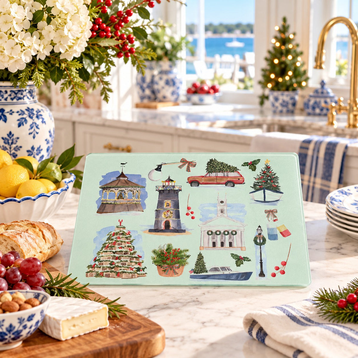 Martha's Vineyard Christmas Tempered Glass Cutting Board