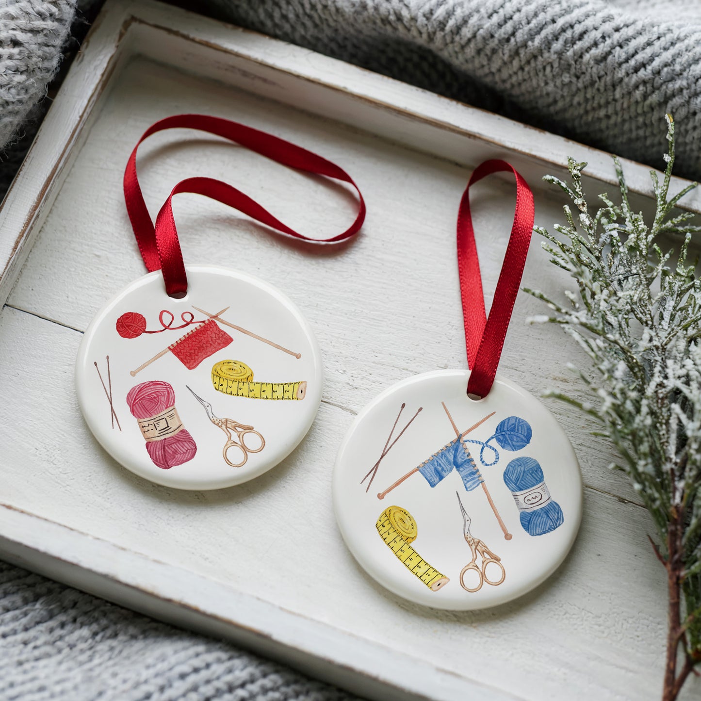 Knitting Circle Two Sided Ornament With Gift Box