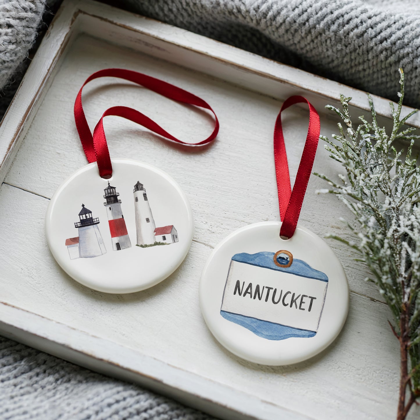 Nantucket Lighthouses Two-Sided Ornament With Gift Box