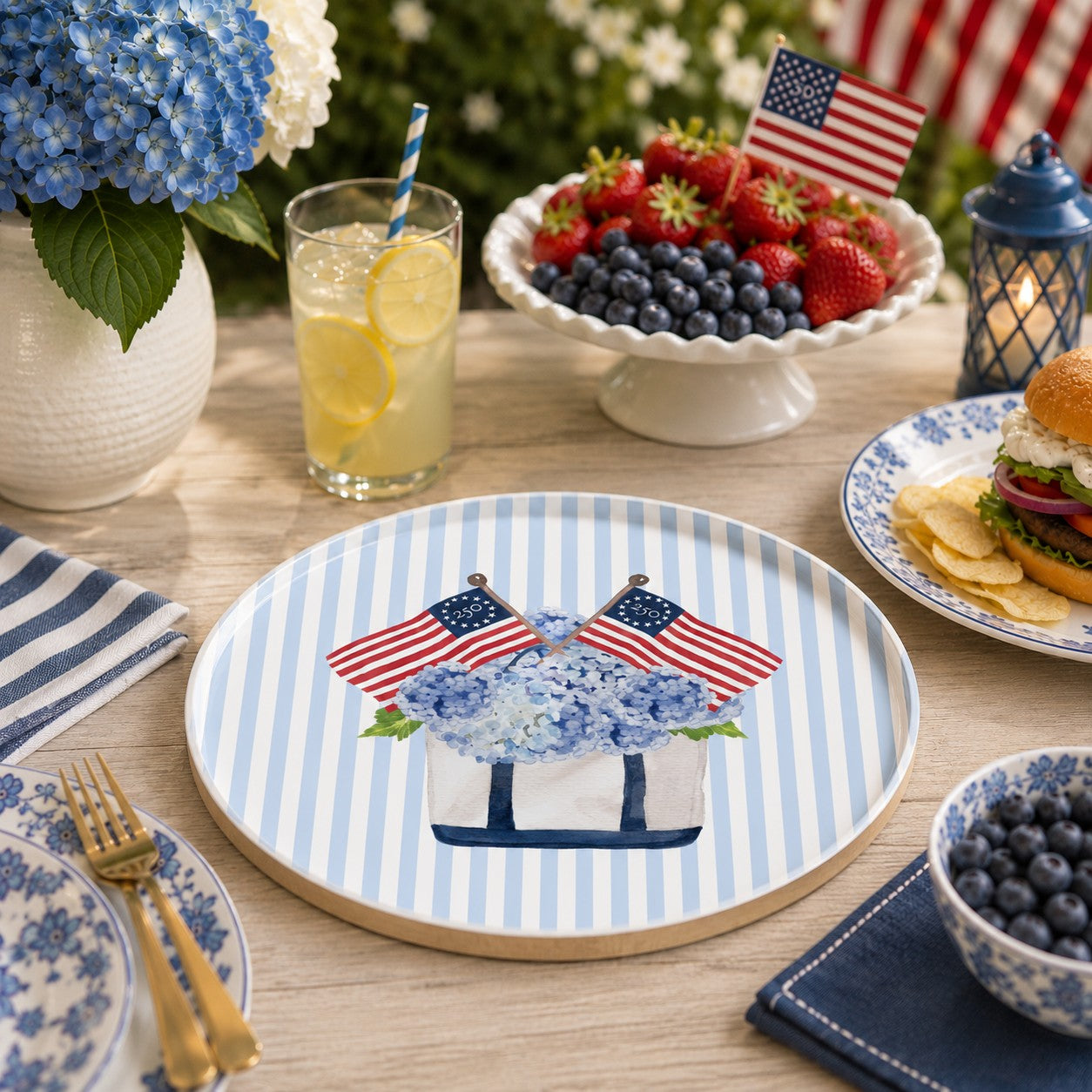 Freedom250® Patriotic Tote Birchwood Round Serving Tray