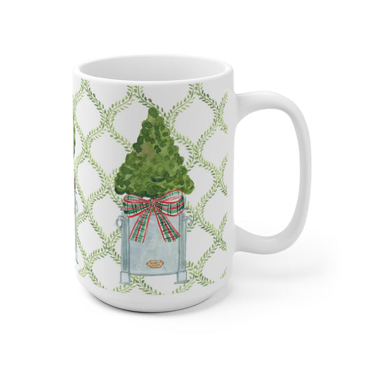 Ceramic Mug With Topiaries With Christmas Bows
