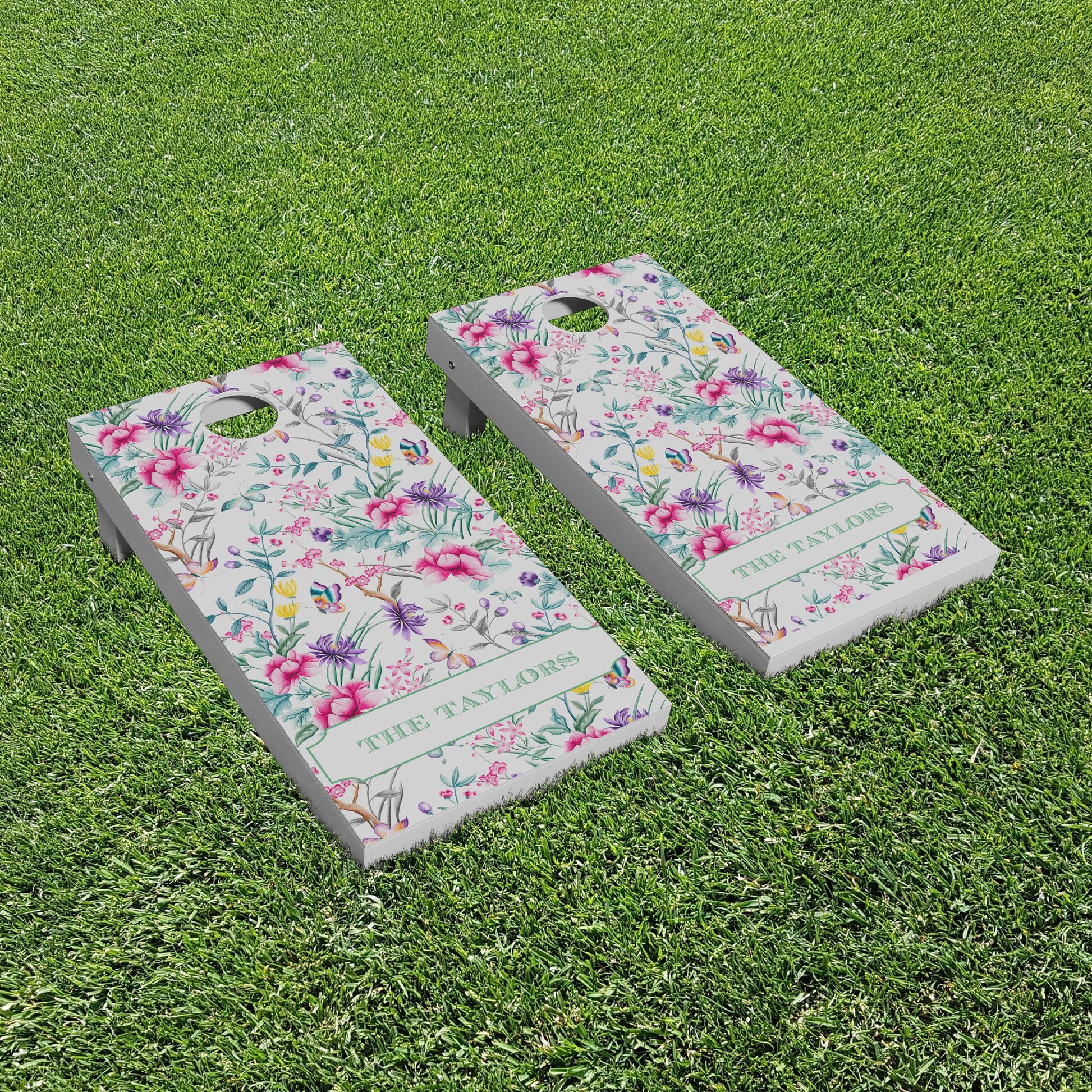 Chinoiserie Cornhole Boards With Flowers and Birds