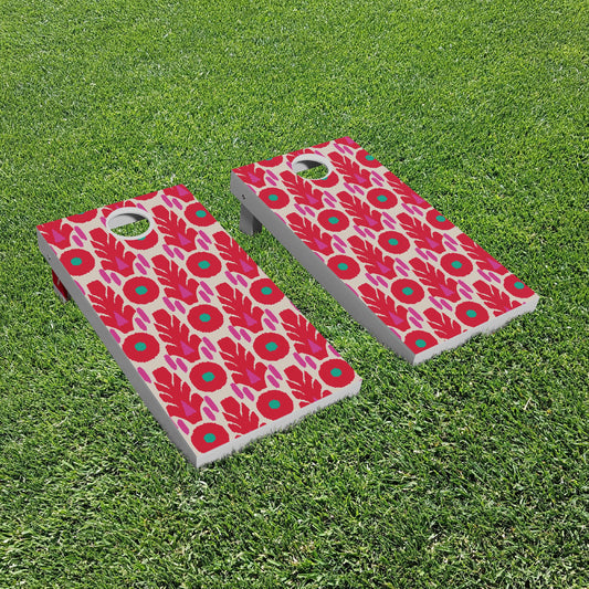 Ikat print red and pink cornhole boards